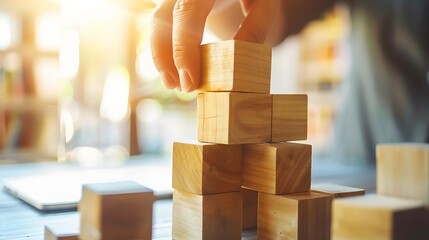 business development and growth success process concept, close up hand arranging wood block stacking, background with copy space. 
