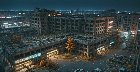 Obraz premium dark dystopian cyberpunk abandoned derelict city buildings parking lot in post apocalyptic aftermath overgrown town at night in autumn fall. neon lights with scattered debris, rubble, and junk.