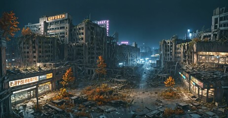Fototapeta premium dark dystopian cyberpunk abandoned derelict city buildings parking lot in post apocalyptic aftermath overgrown town at night in autumn fall. neon lights with scattered debris, rubble, and junk.