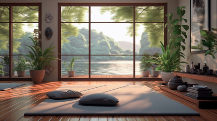 Fototapeta premium Tranquil Modern Interior with Zen Elements Overlooking Serene Lakeside Cityscape