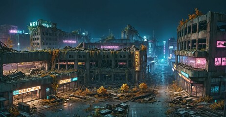Fototapeta premium dark dystopian cyberpunk abandoned derelict city buildings parking lot in post apocalyptic aftermath overgrown town at night in autumn fall. neon lights with scattered debris, rubble, and junk.