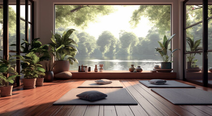 Tranquil Modern Interior with Zen Elements Overlooking Serene Lakeside Cityscape