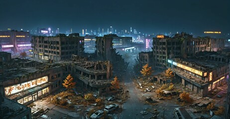 dark dystopian cyberpunk abandoned derelict city buildings parking lot in post apocalyptic aftermath overgrown town at night in autumn fall. neon lights with scattered debris, rubble,  and junk.