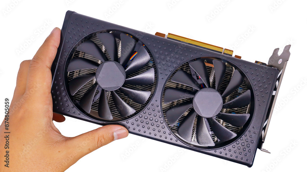 Poster a black graphics card with dual fans is held in a hand. the card is designed for high performance ga