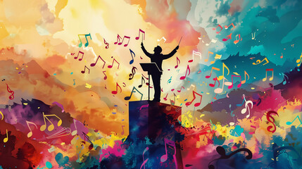 Vibrant Conductor Leading Symphony of Colors and Music Notes
