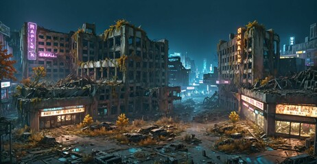 Fototapeta premium dark dystopian cyberpunk abandoned derelict city buildings parking lot in post apocalyptic aftermath overgrown town at night in autumn fall. neon lights with scattered debris, rubble, and junk.