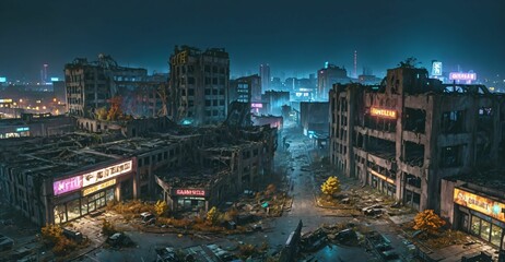 Obraz premium dark dystopian cyberpunk abandoned derelict city buildings parking lot in post apocalyptic aftermath overgrown town at night in autumn fall. neon lights with scattered debris, rubble, and junk.