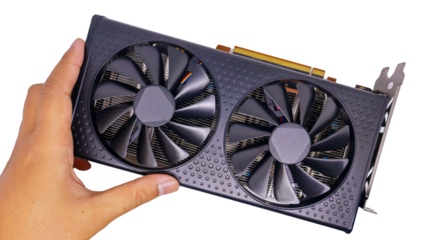 A black graphics card with dual fans is held in a hand. The card is designed for high performance gaming and is a vital component in a modern PC system.