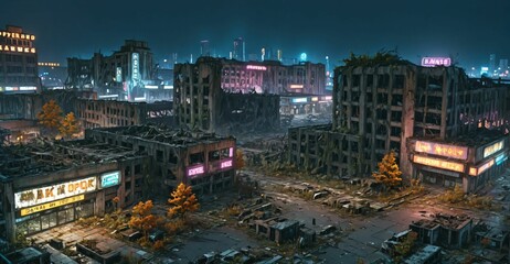 Obraz premium dark dystopian cyberpunk abandoned derelict city buildings parking lot in post apocalyptic aftermath overgrown town at night in autumn fall. neon lights with scattered debris, rubble, and junk.