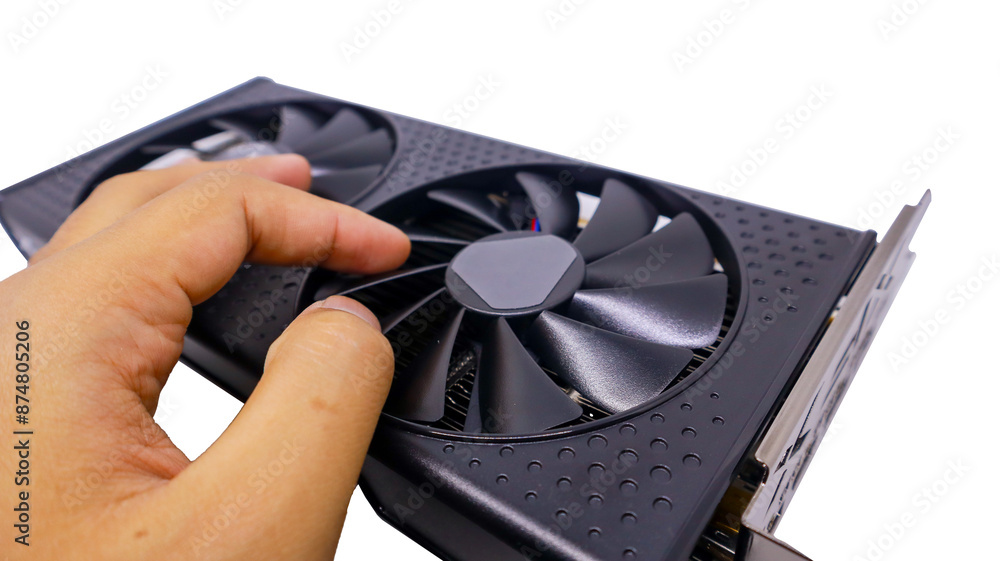 Poster a hand resting on a black graphics card. the graphic card with two fans for better cooling system. h