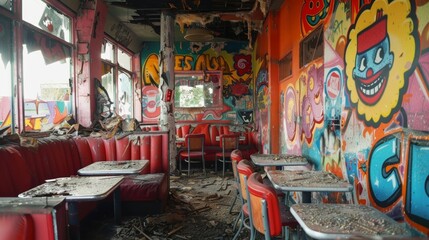 The Kids Meal area of this fastfood restaurant is decorated like a twisted playroom complete with broken toys and faded posters of happy but clowns.