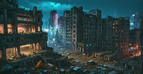 Fototapeta premium dark dystopian cyberpunk abandoned derelict city buildings in post apocalyptic aftermath overgrown town at night in autumn fall. neon lights with scattered debris, rubble, and junk.