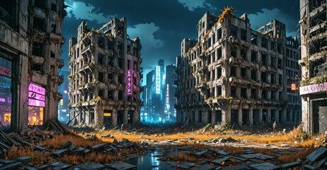 dark dystopian cyberpunk abandoned derelict city buildings in post apocalyptic aftermath overgrown town at night in autumn fall. neon lights with scattered debris, rubble,  and junk.