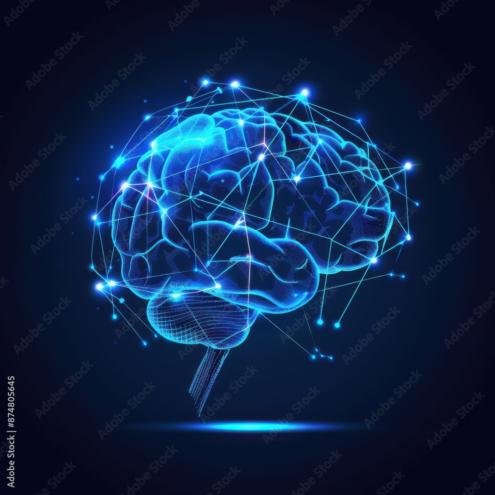 Poster blue digital brain with neural network, representing artificial intelligence and technology on a dar