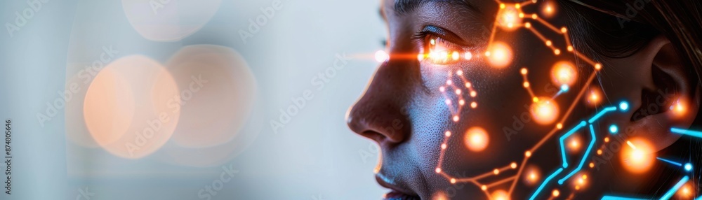 Poster a close-up view of a digital human face with glowing neural network lines, symbolizing artificial in