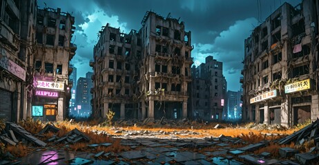 Obraz premium dark dystopian cyberpunk abandoned derelict city buildings in post apocalyptic aftermath overgrown town at night in autumn fall. neon lights with scattered debris, rubble, and junk.