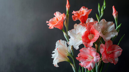 White and orange gladiolus flowers in a bouquet against a dark background