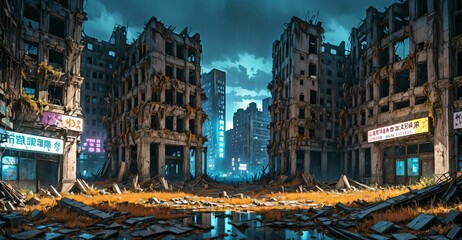Fototapeta premium dark dystopian cyberpunk abandoned derelict city buildings in post apocalyptic aftermath overgrown town at night in autumn fall. neon lights with scattered debris, rubble, and junk.