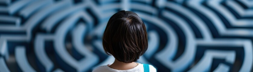 Fototapeta premium Child facing a complex maze with a contemplative expression, symbolizing challenges, decisions, and problem-solving in life.