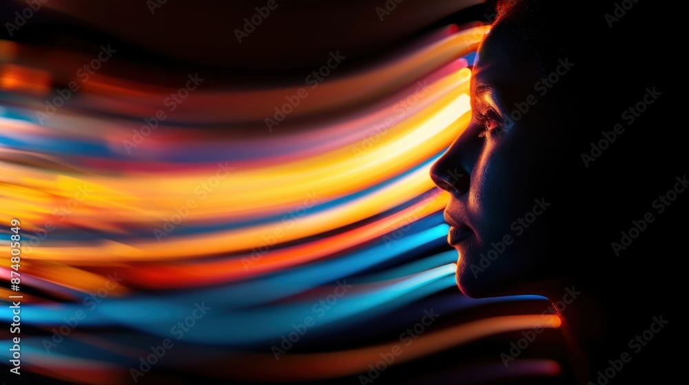 Poster silhouette of a person with vibrant, colorful light trails in the background, creating a dynamic and