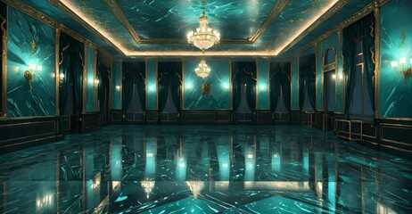 luxury ballroom interior of palace castle mansion with aquamarine turquoise theme embellishments and gothic style iconography. luxury home flooring and ceiling.