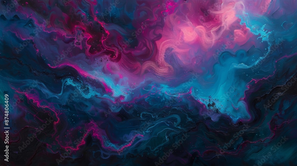 Poster swirling layers of vibrant fuchsia and deep aqua create a sense of depth and movement in the abstrac