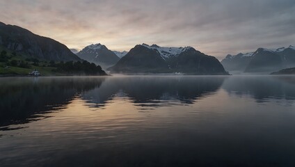 Fototapeta premium The tranquility of a fjord at dawn, with mist hovering over the still waters ai_generated