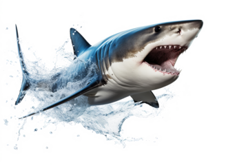 Dynamic shark jumping out of water with splash effect, PNG style transparent background for ocean and marine life designs