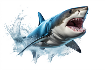 Dynamic shark jumping out of water with splash effect, PNG style transparent background for ocean and marine life designs