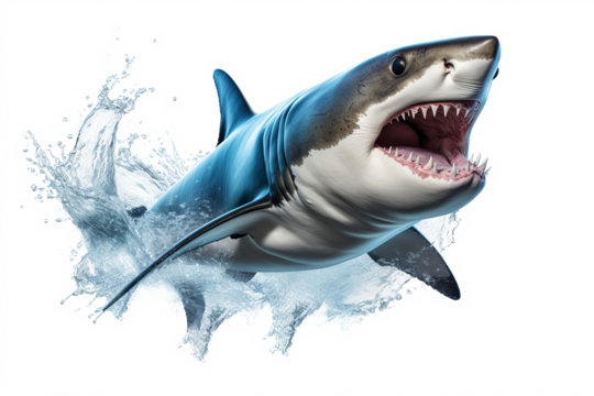 Dynamic shark jumping out of water with splash effect, PNG style transparent background for ocean and marine life designs