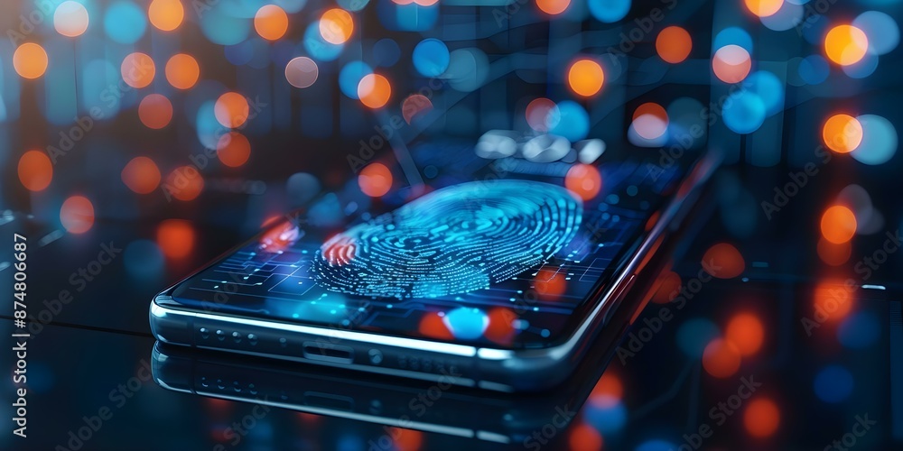 Poster banner of smartphone cybersecurity for personal banking with biometric fingerprint and twofactor aut