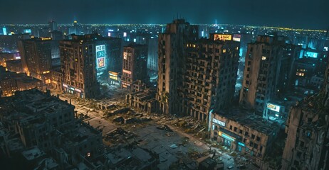 Obraz premium abandoned dystopian cyberpunk city ruins derelict buildings and towers at night. urban town district overgrown building exterior cityscape.
