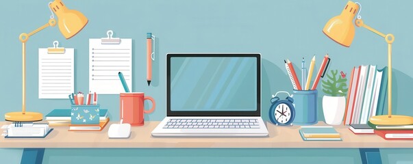 Illustration of a tidy home office workspace with a laptop, books, lamp, and stationery, ideal for productivity and remote working concepts.