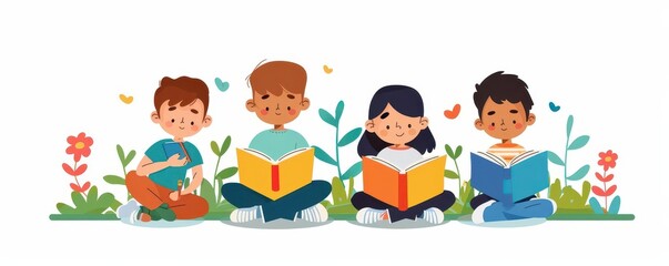 Kids reading books, engaged in learning, flat design illustration