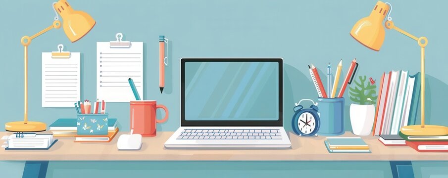 Illustration of a tidy home office workspace with a laptop, books, lamp, and stationery, ideal for productivity and remote working concepts.