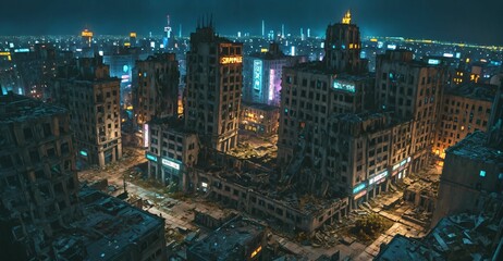 abandoned dystopian cyberpunk city ruins derelict buildings and towers at night. urban town district overgrown building exterior cityscape.