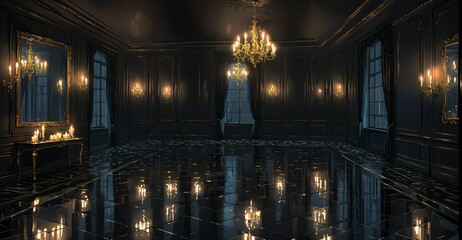 Obraz premium dark ballroom palace mansion castle room interior at night. luxury gothic Victorian decor and design. candlelight lighting with city view out of windows.