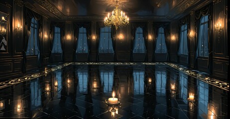 Obraz premium dark ballroom palace mansion castle room interior at night. luxury gothic Victorian decor and design. candlelight lighting with city view out of windows.