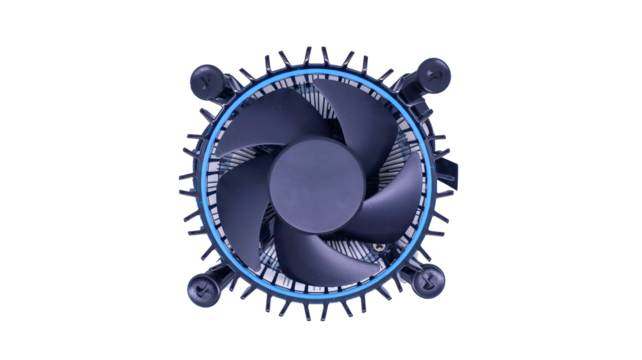 A close-up shot of a CPU cooler fan isolated on white backgrounds. The fan is black with blue accents and has a circular design with blades for efficient cooling.