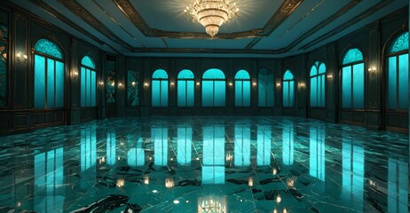Obraz premium ballroom interior of palace mansion castle. luxury turquoise cobalt sea green design and decor. marble polished reflective floor, chandelier, and windows. grand hall auditorium hallway.
