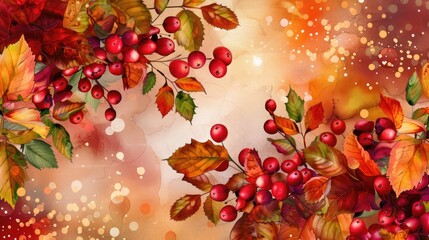 Vibrant autumn leaves and red berries with a bokeh background. Perfect for seasonal, natural, and festive themes.