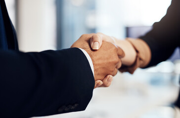 Handshake, onboarding and business people in office for corporate merger, agreement or meeting. Partnership, finance offer and banker shaking hands with client for b2b company deal in collaboration.