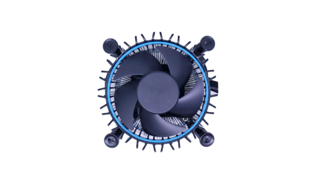 A close-up shot of a CPU cooler fan isolated on white backgrounds. The fan is black with blue accents and has a circular design with blades for efficient cooling.
