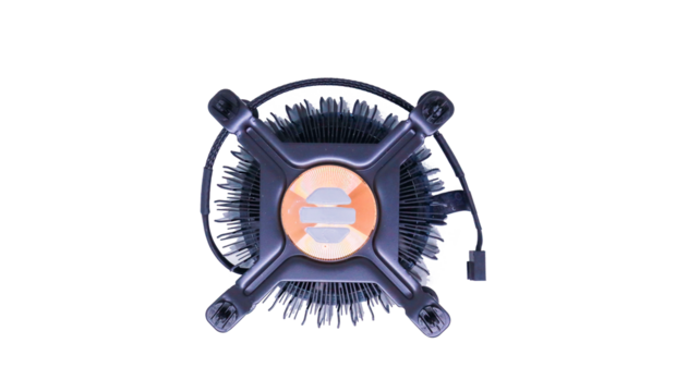 A close-up shot of a CPU cooler with a blue LED ring. The cooler is designed to dissipate heat from a processor, keeping it cool and functional Isolated on a white background.