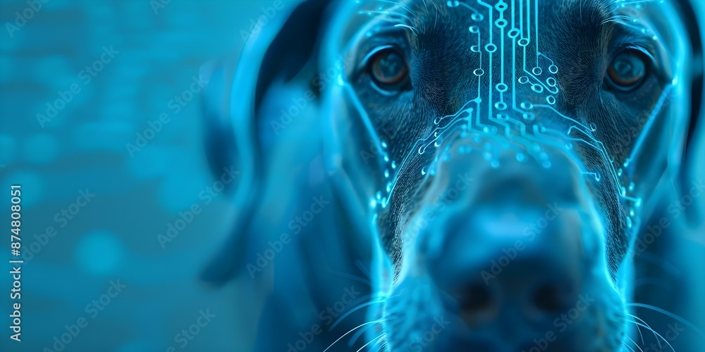 Poster symbolic representation blue canine neural network featuring an ai circuit board head. concept artif