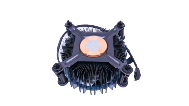 A close-up shot of a CPU cooler with a blue LED ring. The cooler is designed to dissipate heat from a processor, keeping it cool and functional Isolated on a white background.