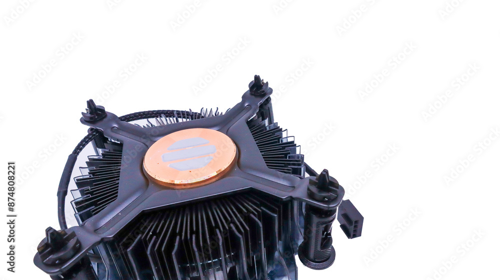 Poster a close-up shot of a cpu cooler with a blue led ring. the cooler is designed to dissipate heat from 