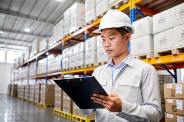 Asian Logistics Manager Reviewing Inventory in Modern Warehouse Facility
