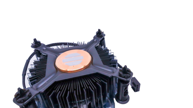A close-up shot of a CPU cooler with a blue LED ring. The cooler is designed to dissipate heat from a processor, keeping it cool and functional Isolated on a white background.