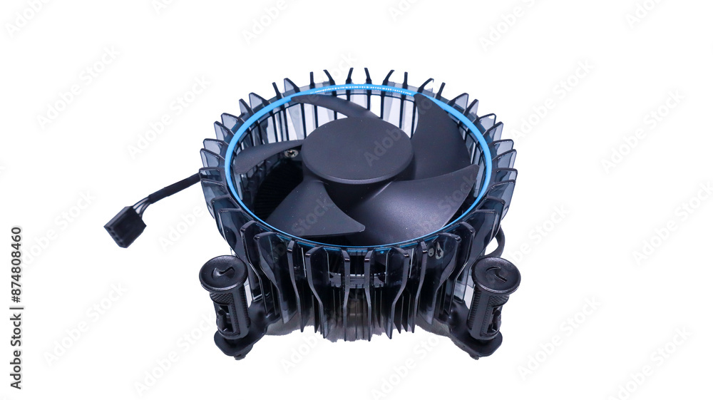 Poster close-up view of a cpu cooler with a blue led lighting ring, showcasing the fan and its intricate de